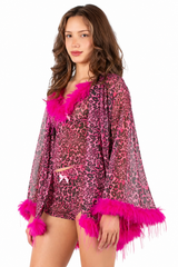 Baby Phat Leopard 3-Piece Feather Trim Lingerie Set – Crop Top + Shorts + Robe Y2K