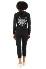 Hale Bob Black Zip Hoodie + Capri Pants Set Y2K | Chinese Character "愛情" "自由" | Rose Graphic Hoodie