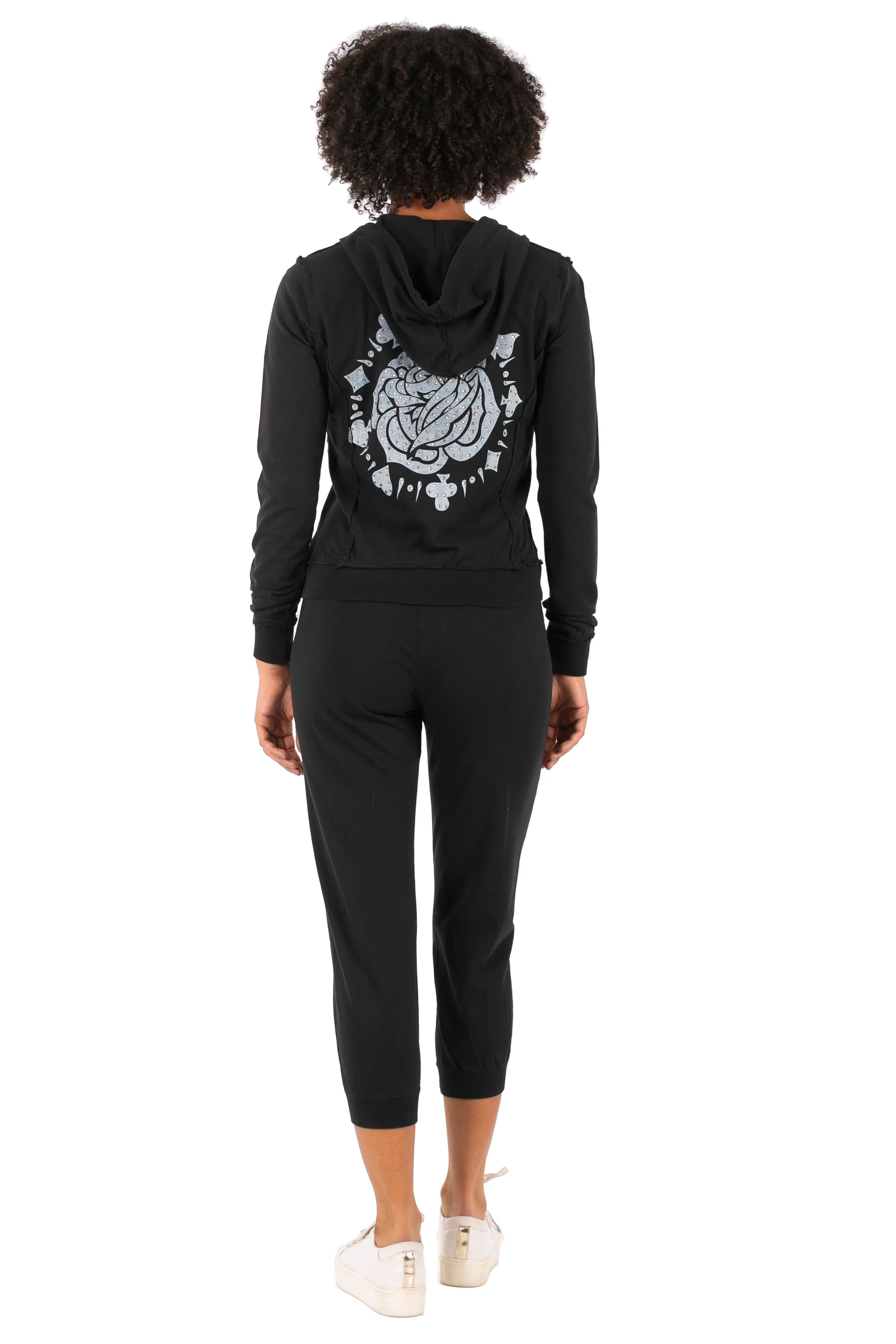 Hale Bob Black Zip Hoodie + Capri Pants Set Y2K | Chinese Character "愛情" "自由" | Rose Graphic Hoodie