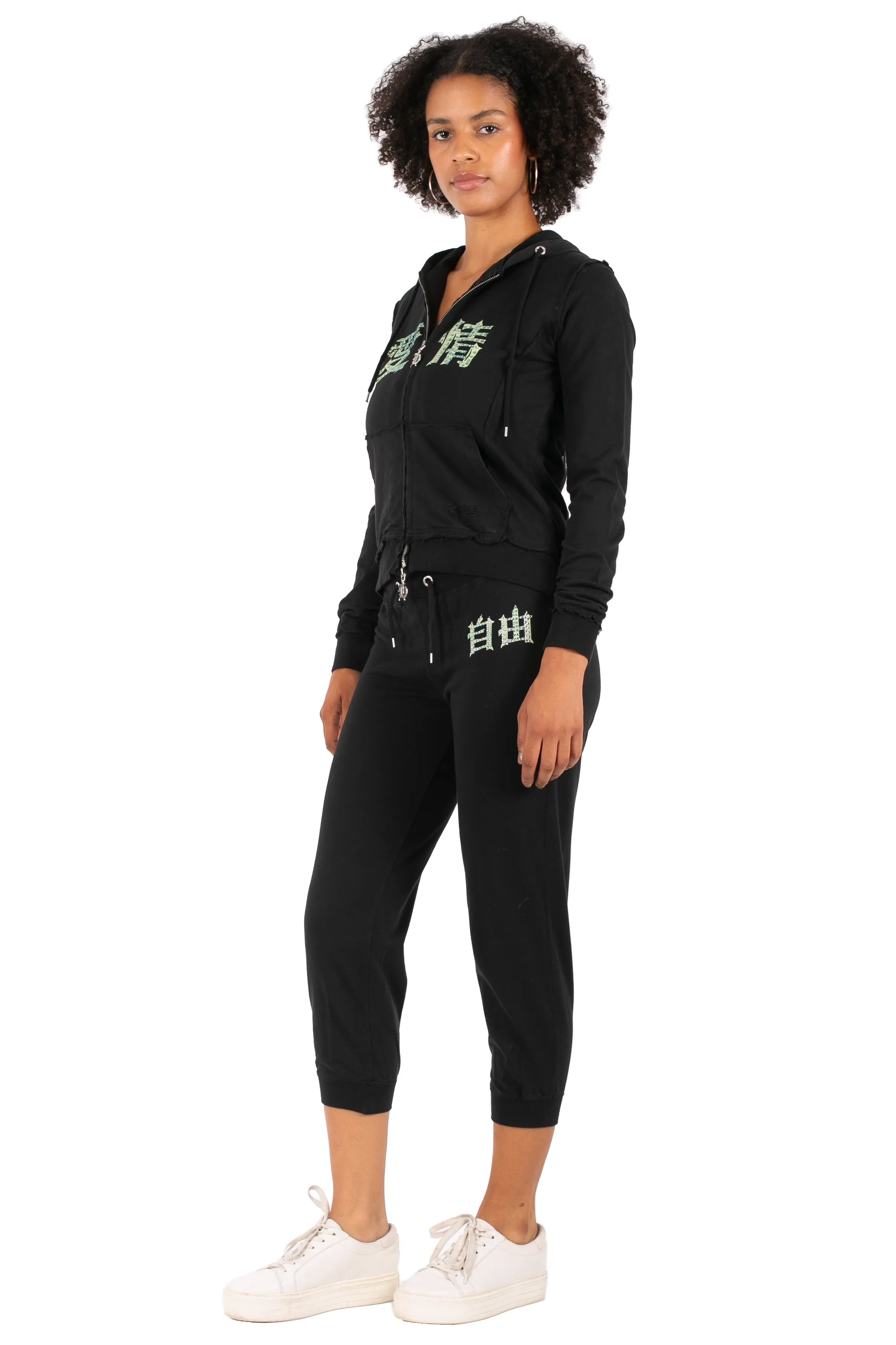 Hale Bob Black Zip Hoodie + Capri Pants Set Y2K | Chinese Character "愛情" "自由" | Rose Graphic Hoodie