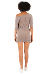 Hale Bob Light Blue Off-Shoulder Knit Mini Dress Y2K | 3/4 Sleeve Drawstring Waist Zip Pocket