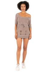 Hale Bob Light Blue Off-Shoulder Knit Mini Dress Y2K | 3/4 Sleeve Drawstring Waist Zip Pocket