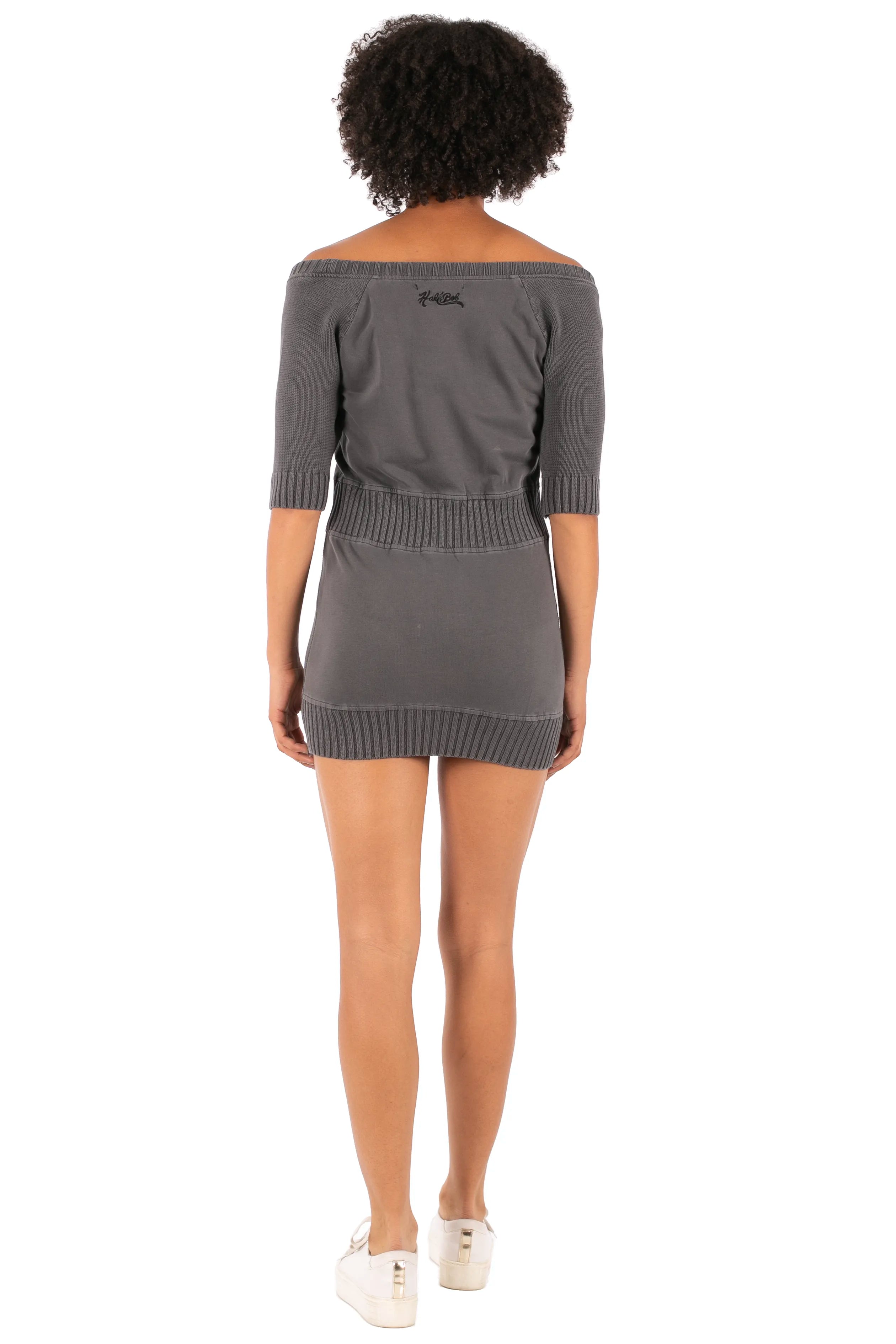 Hale Bob Light Blue Off-Shoulder Knit Mini Dress Y2K | 3/4 Sleeve Drawstring Waist Zip Pocket