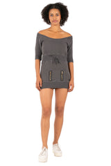 Hale Bob Light Blue Off-Shoulder Knit Mini Dress Y2K | 3/4 Sleeve Drawstring Waist Zip Pocket