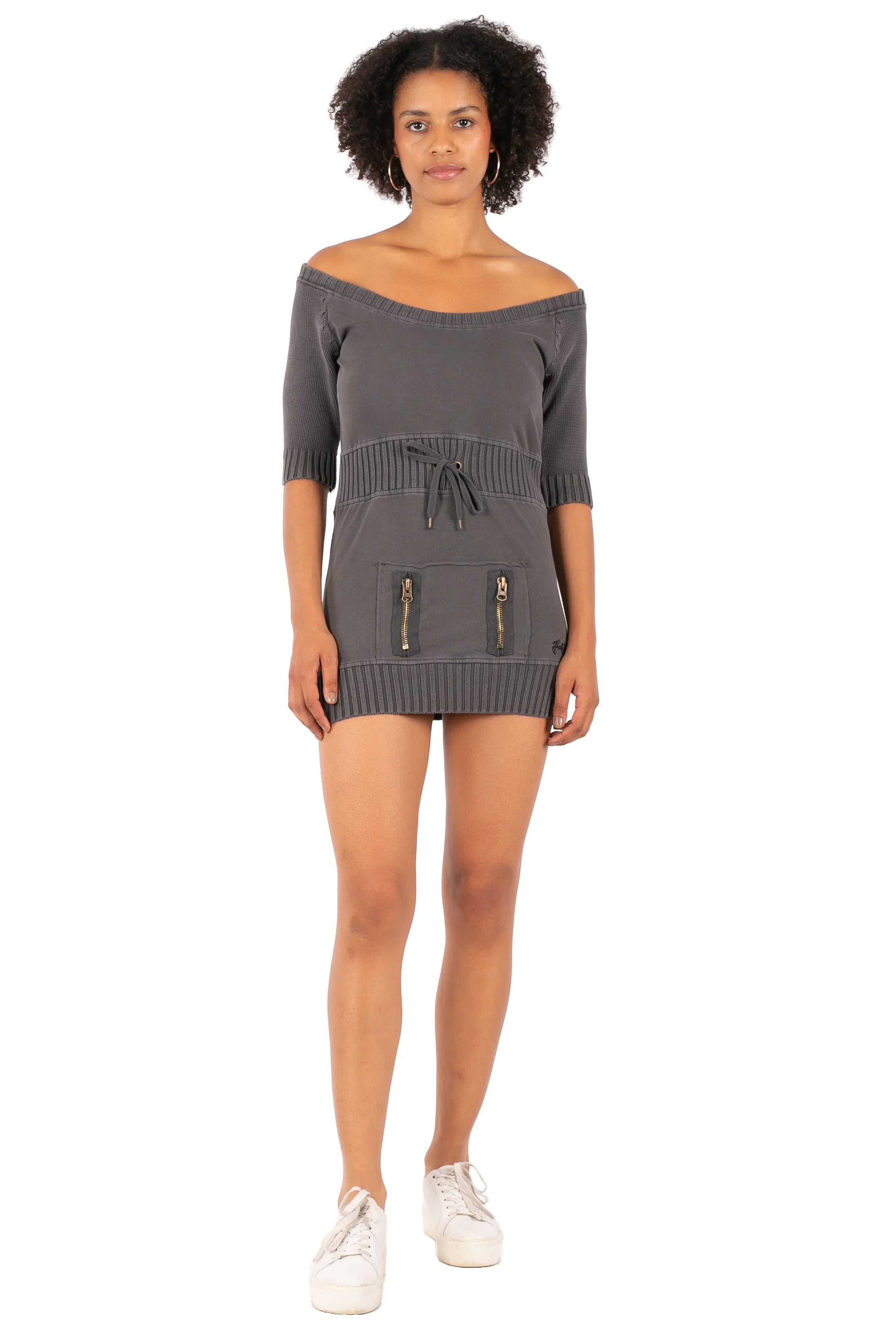 Hale Bob Light Blue Off-Shoulder Knit Mini Dress Y2K | 3/4 Sleeve Drawstring Waist Zip Pocket