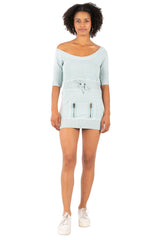 Hale Bob Light Blue Off-Shoulder Knit Mini Dress Y2K | 3/4 Sleeve Drawstring Waist Zip Pocket