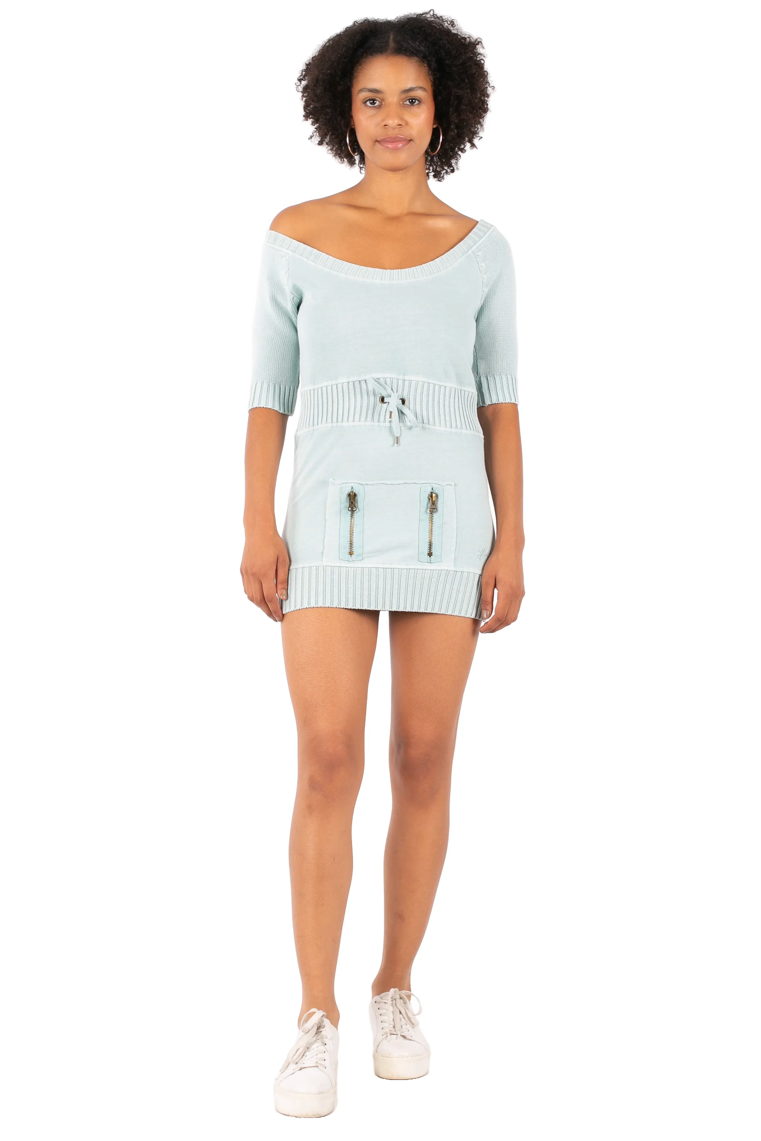 Hale Bob Light Blue Off-Shoulder Knit Mini Dress Y2K | 3/4 Sleeve Drawstring Waist Zip Pocket
