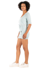 Hale Bob Light Blue Off-Shoulder Knit Mini Dress Y2K | 3/4 Sleeve Drawstring Waist Zip Pocket