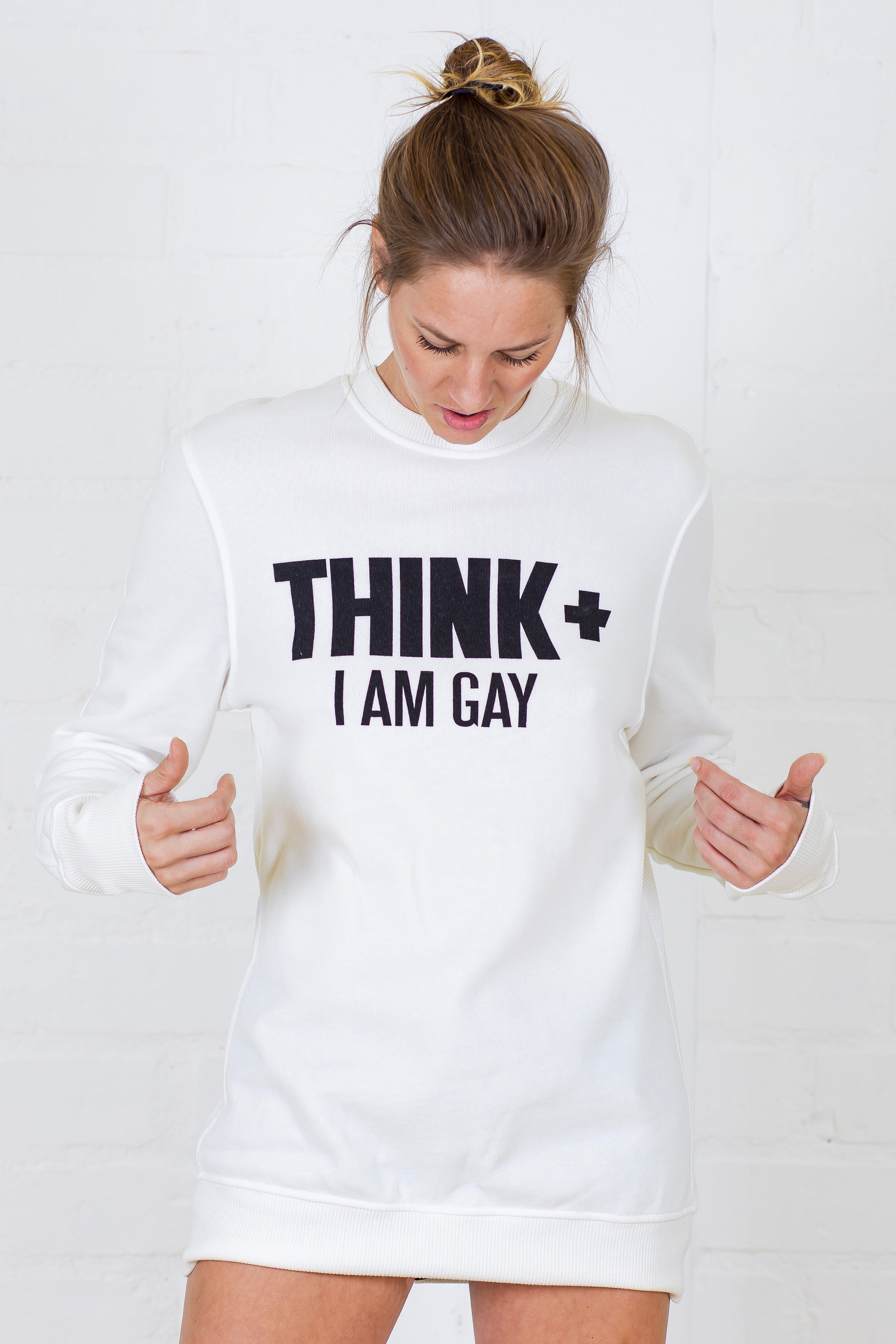100% Cotton "Think+ I Am Gay" Graphic Sweater - Heavyweight White Crewneck Sweatshirt