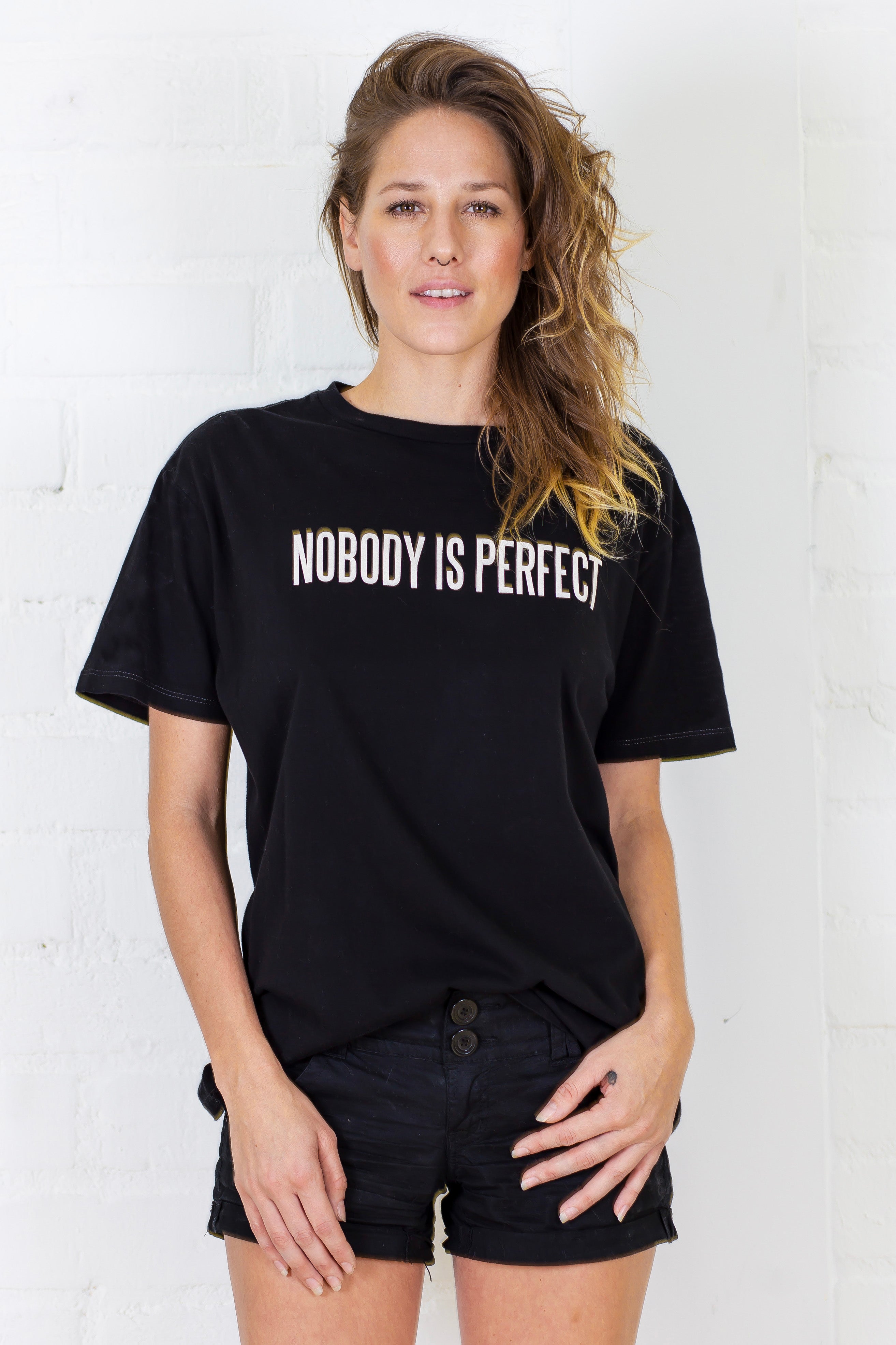 Unisex "Nobody Is Perfect" Slogan Graphic Tee - Black Relaxed Fit Crewneck T-Shirt