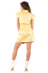 Y2K Shimmery Shirt Dress with Flutter Sleeves – Retro 2000s Belted Mini Dress