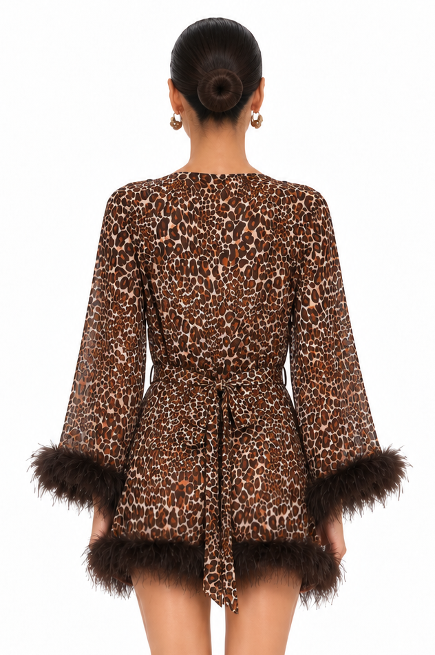 Baby Phat Leopard 3-Piece Feather Trim Lingerie Set – Crop Top + Shorts + Robe Y2K