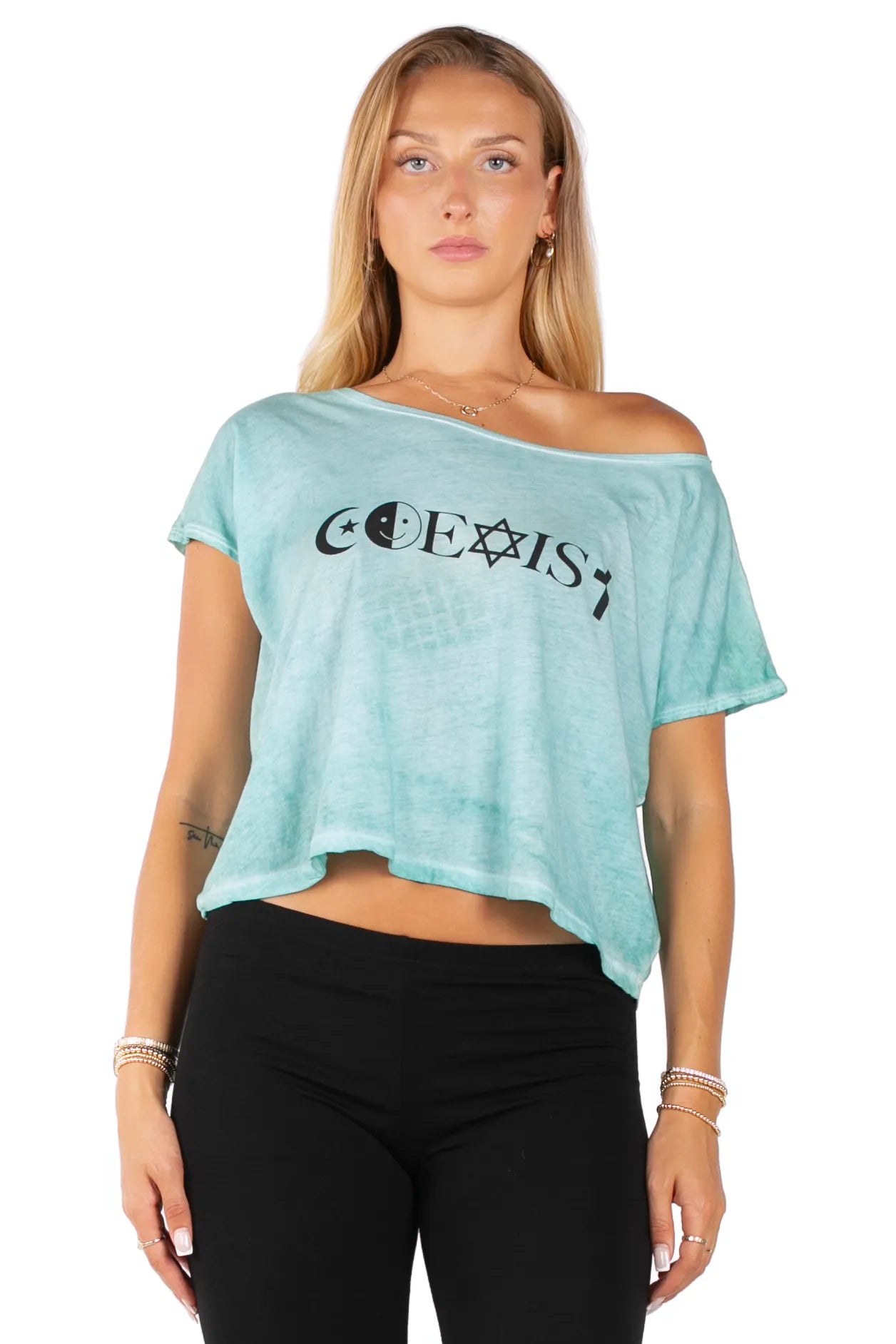 Off-The-Shoulder "COEXIST" Crop Top - Mint Aqua Wide Neck Graphic Tee
