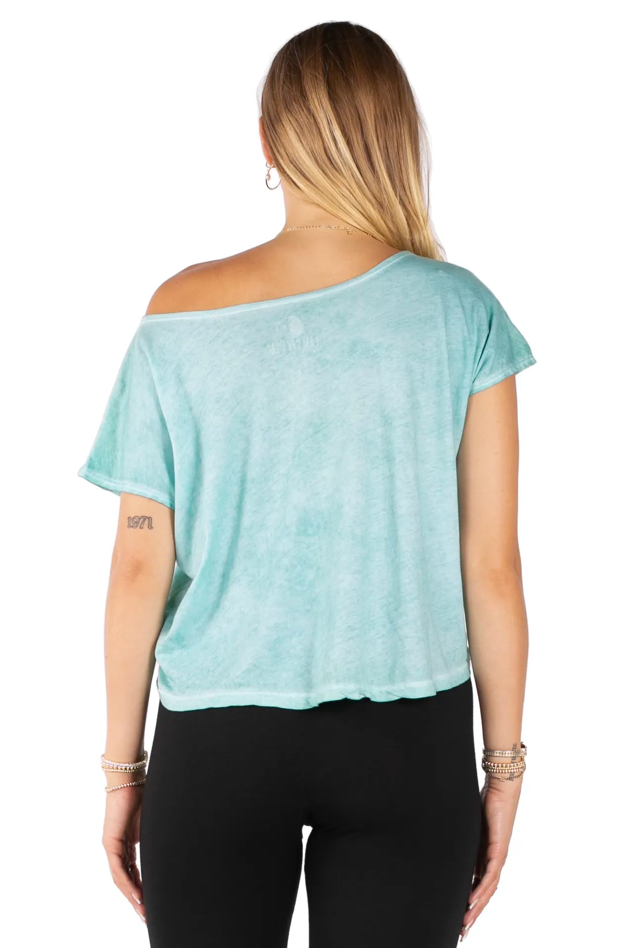 Off-The-Shoulder "COEXIST" Crop Top - Mint Aqua Wide Neck Graphic Tee