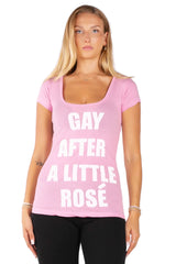 Scoop Neck Slogan Graphic Tee - "Gay After A Little Rosé" Pink T-Shirt