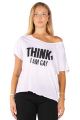 Wide Neck "Think+ I Am Gay" Slogan Tee - White Loose Fit Flowy T-Shirt
