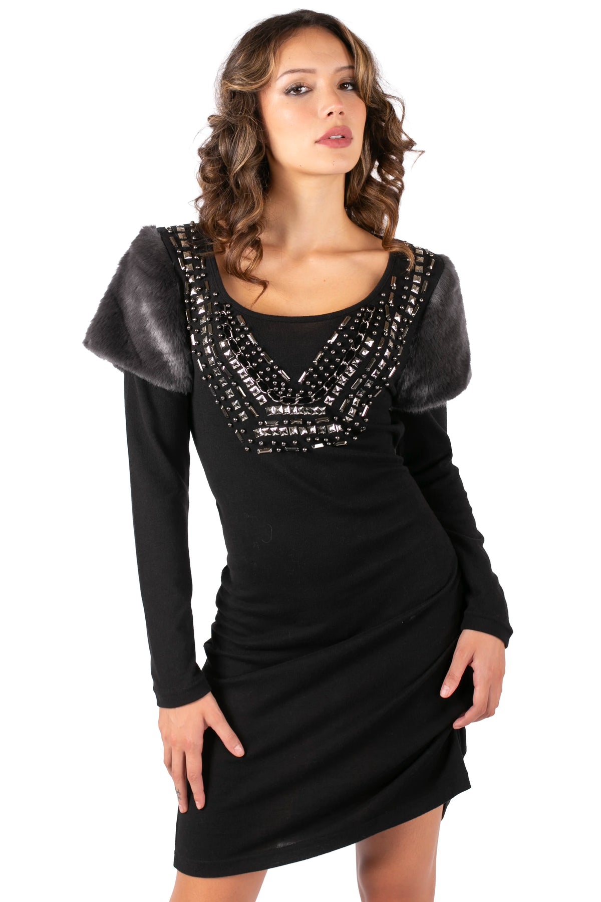 Y2K Embellished Faux Fur Mini Dress