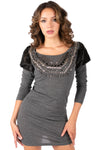 Charcoal fitted mini dress with blackfaux fur shoulder panels, a scoop neck,metallic studs, draped chains andlong sleeves – Y2KLA.