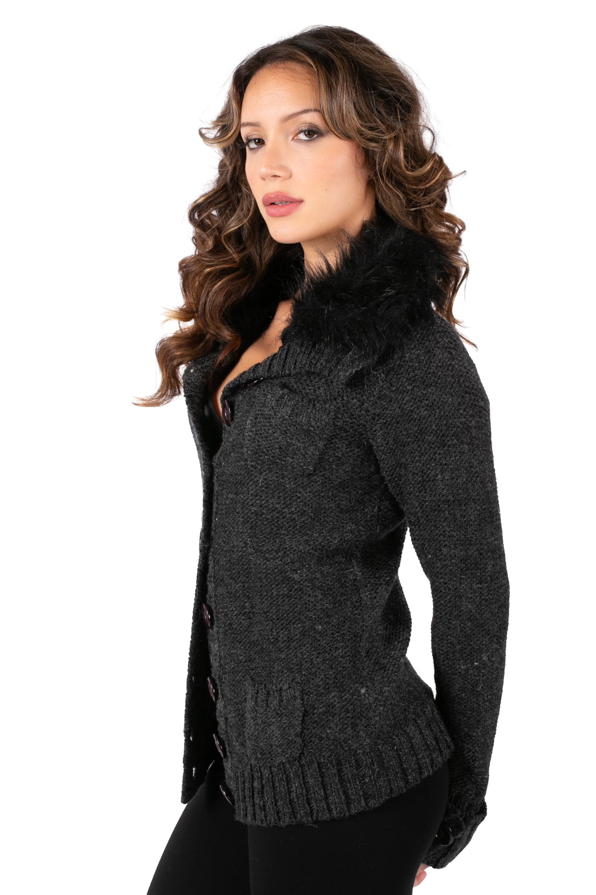 Faux Fur Collar Knit Cardigan
