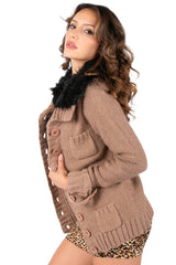 Faux Fur Collar Knit Cardigan