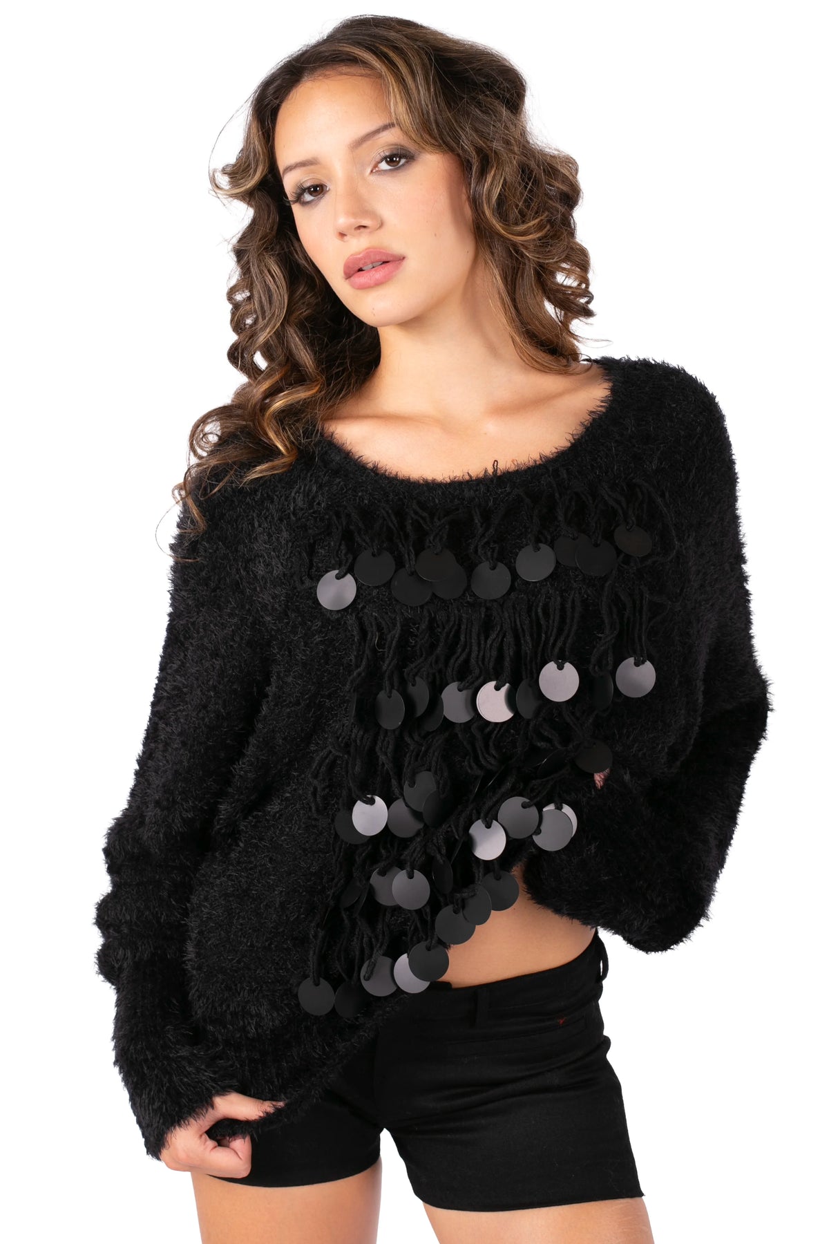 Sequin Fringe Fuzzy Sweater