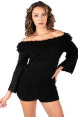 Fuzzy Off-Shoulder Loop Trim Sweater