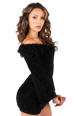 Fuzzy Off-Shoulder Loop Trim Sweater