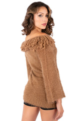 Fuzzy Off-Shoulder Loop Trim Sweater