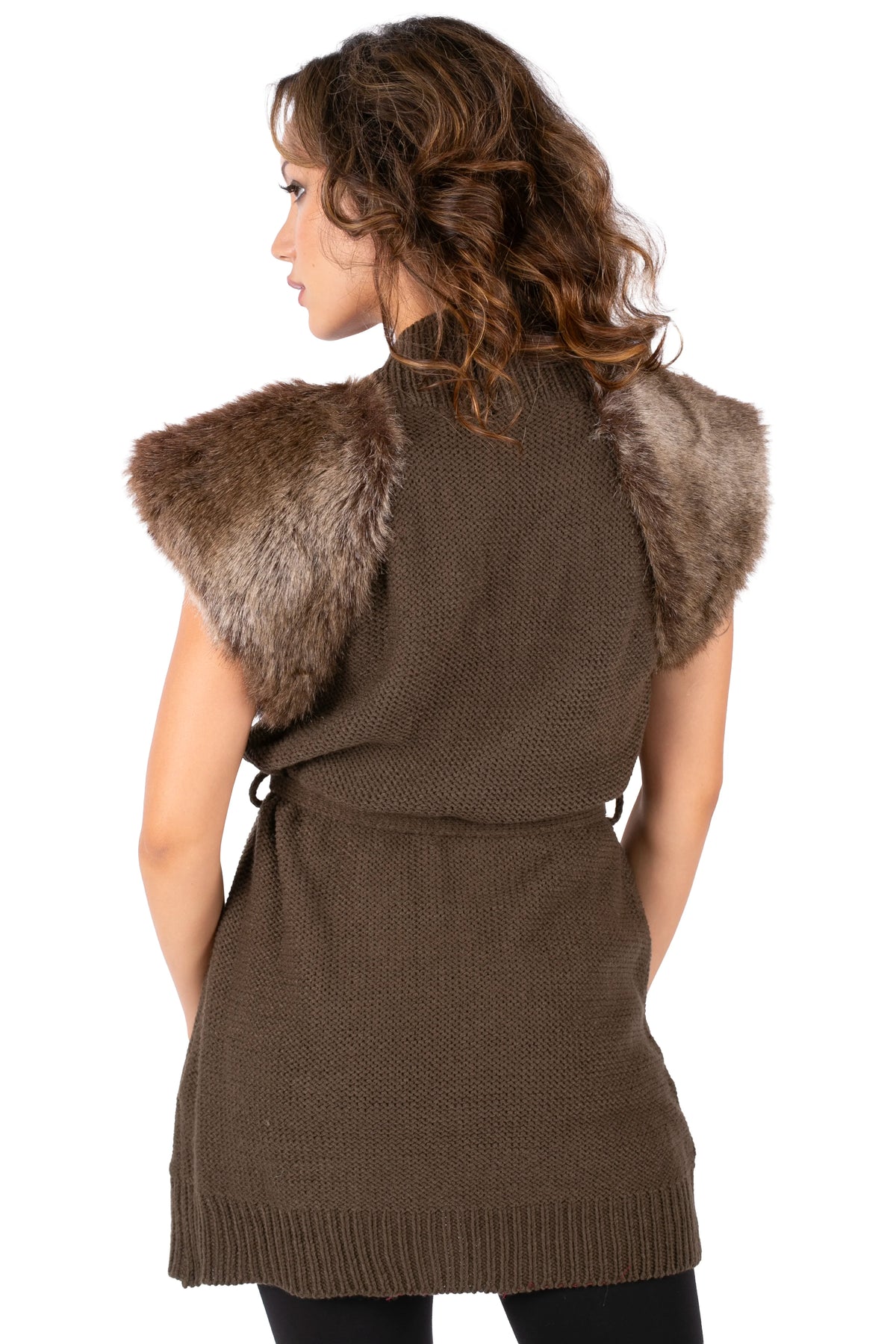 Faux Fur Shoulder Tie-Waist Sweater Vest