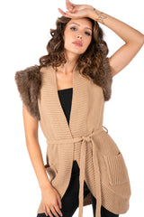 Faux Fur Shoulder Tie-Waist Sweater Vest