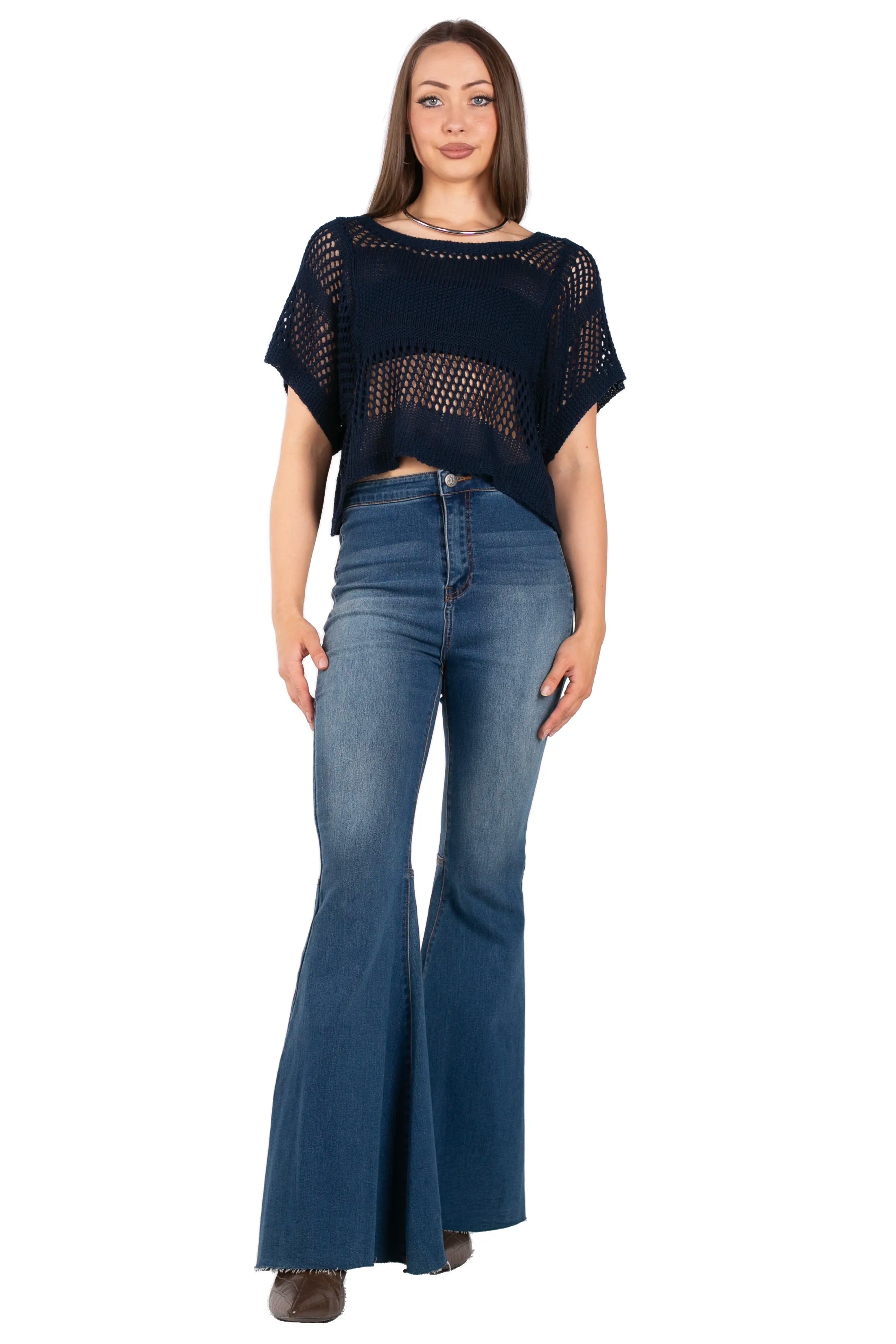 Mixed-Knit Short-Sleeve Crop Top