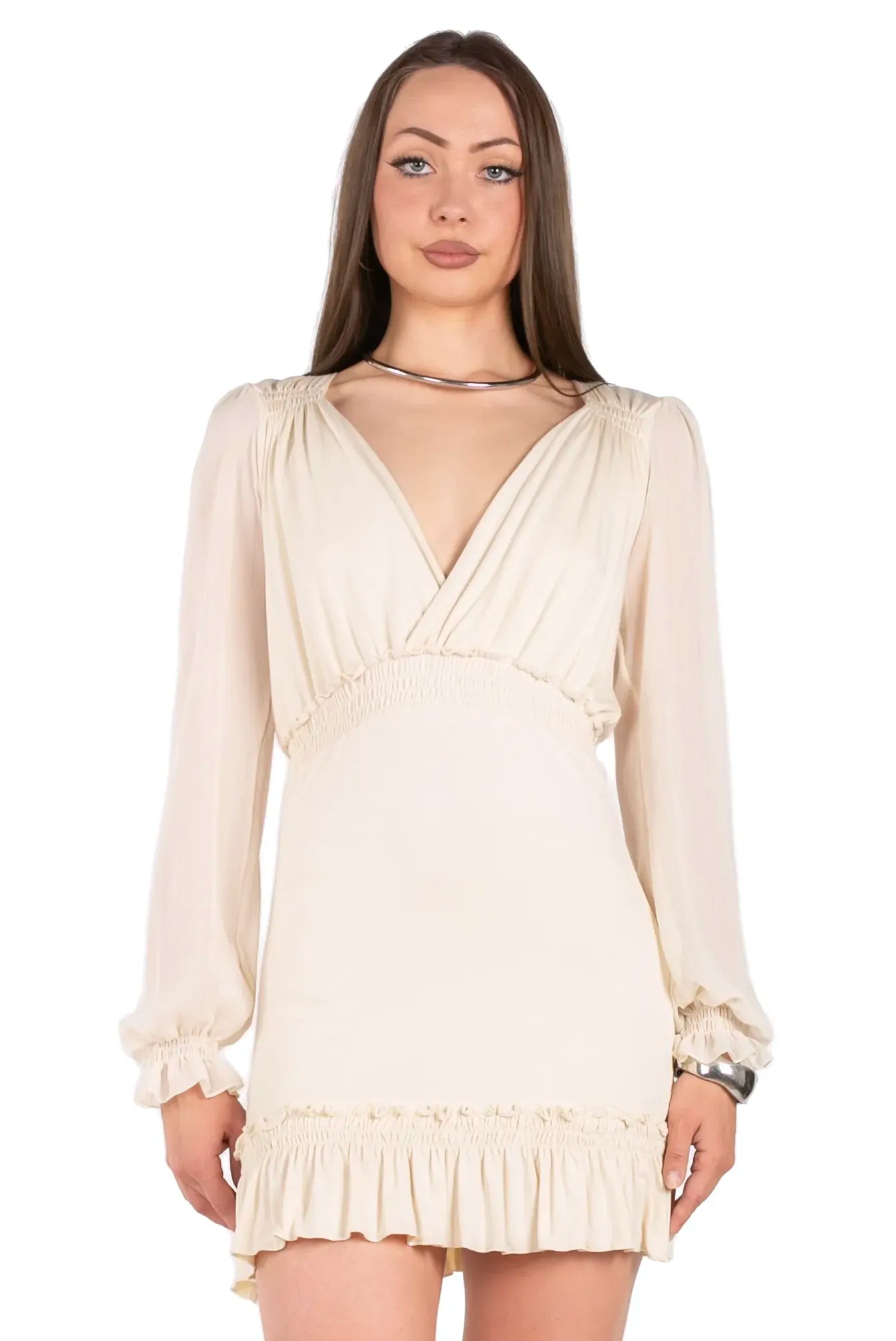 Sheer Poet-Sleeve Frilly Surplice Dress