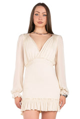 Sheer Poet-Sleeve Frilly Surplice Dress