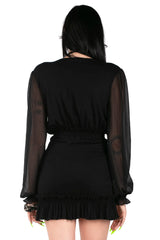 Sheer Poet-Sleeve Frilly Surplice Dress