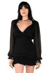 Sheer Poet-Sleeve Frilly Surplice Dress