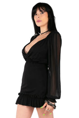 Sheer Poet-Sleeve Frilly Surplice Dress