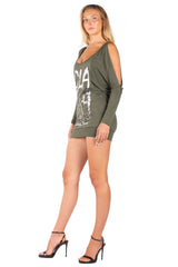 Graphic Slouchy Cold-Shoulder Long Sleeve Tunic Dress