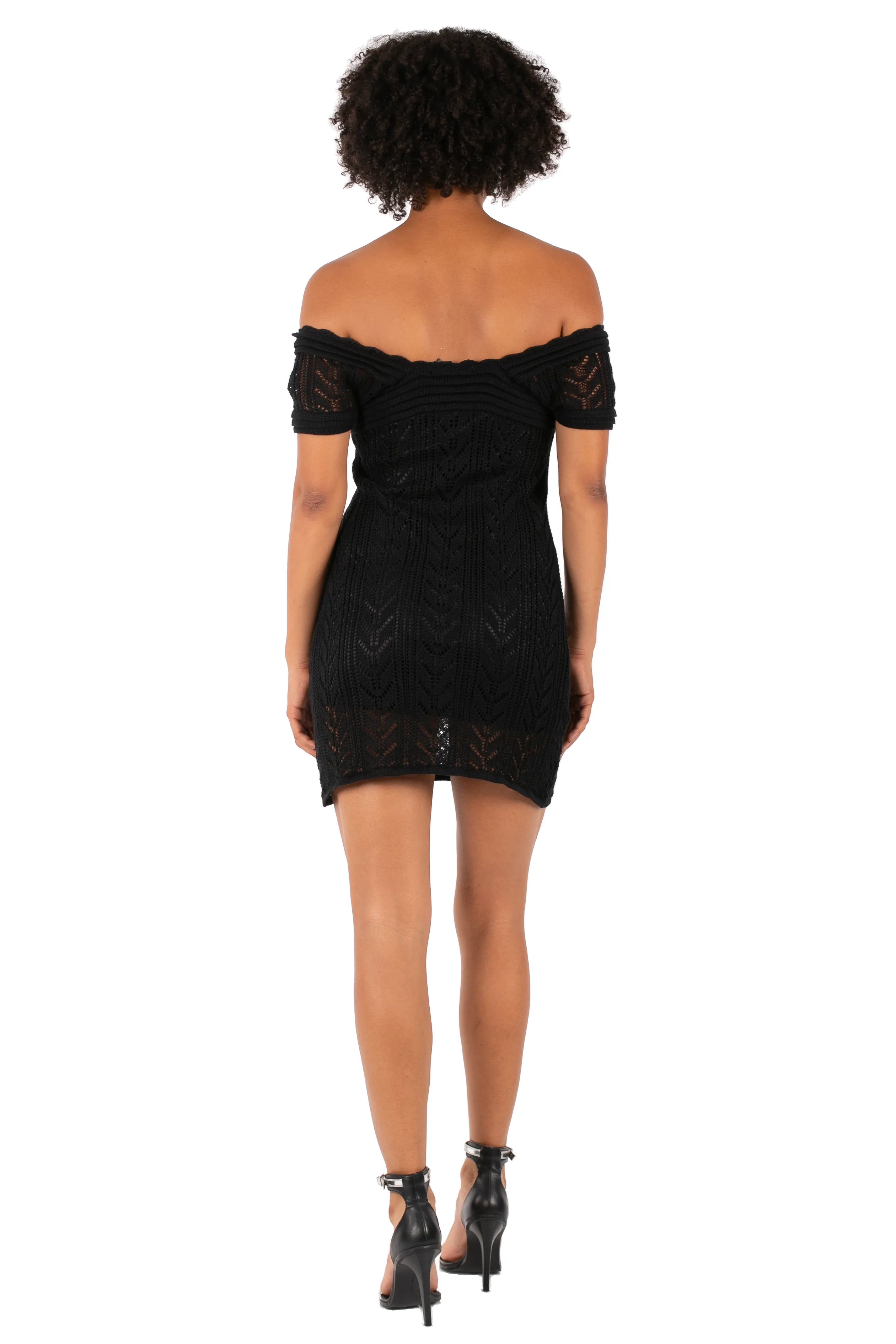 Saskia Black Off-Shoulder Lace Knit Mini Dress Y2K | Crochet Texture Off Shoulder Bodycon