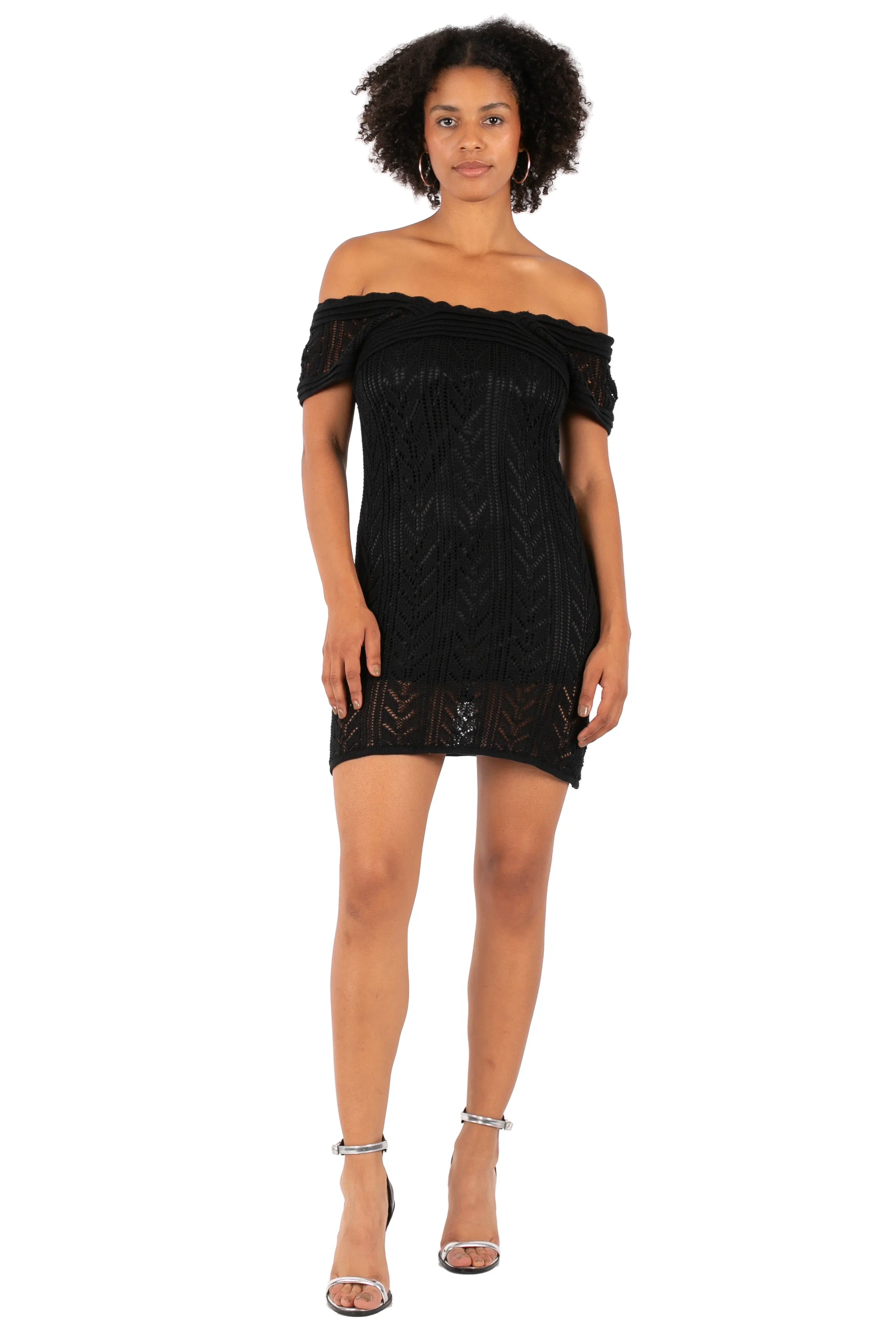 Saskia Black Off-Shoulder Lace Knit Mini Dress Y2K | Crochet Texture Off Shoulder Bodycon