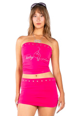 Baby Phat 2-Way Rhinestone Logo Tube Top & Mini Skirt - Hot Pink | Convertible Y2K Multi-Wear Piece