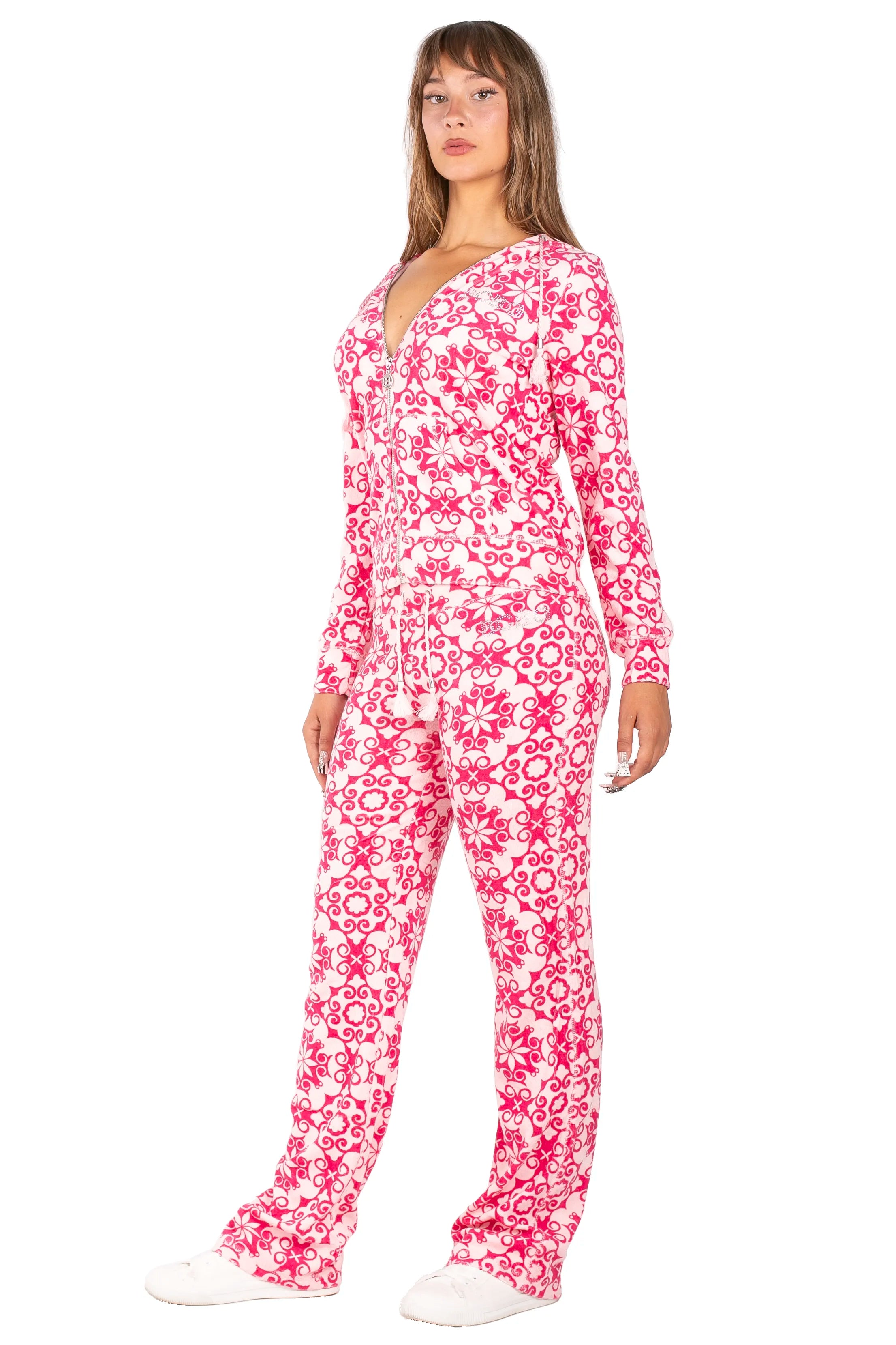BCBG Women's Damask Pattern Fleece Tracksuit Set - Velvet Zip-Up Hoodie & Wide Leg Pants Lounge Set