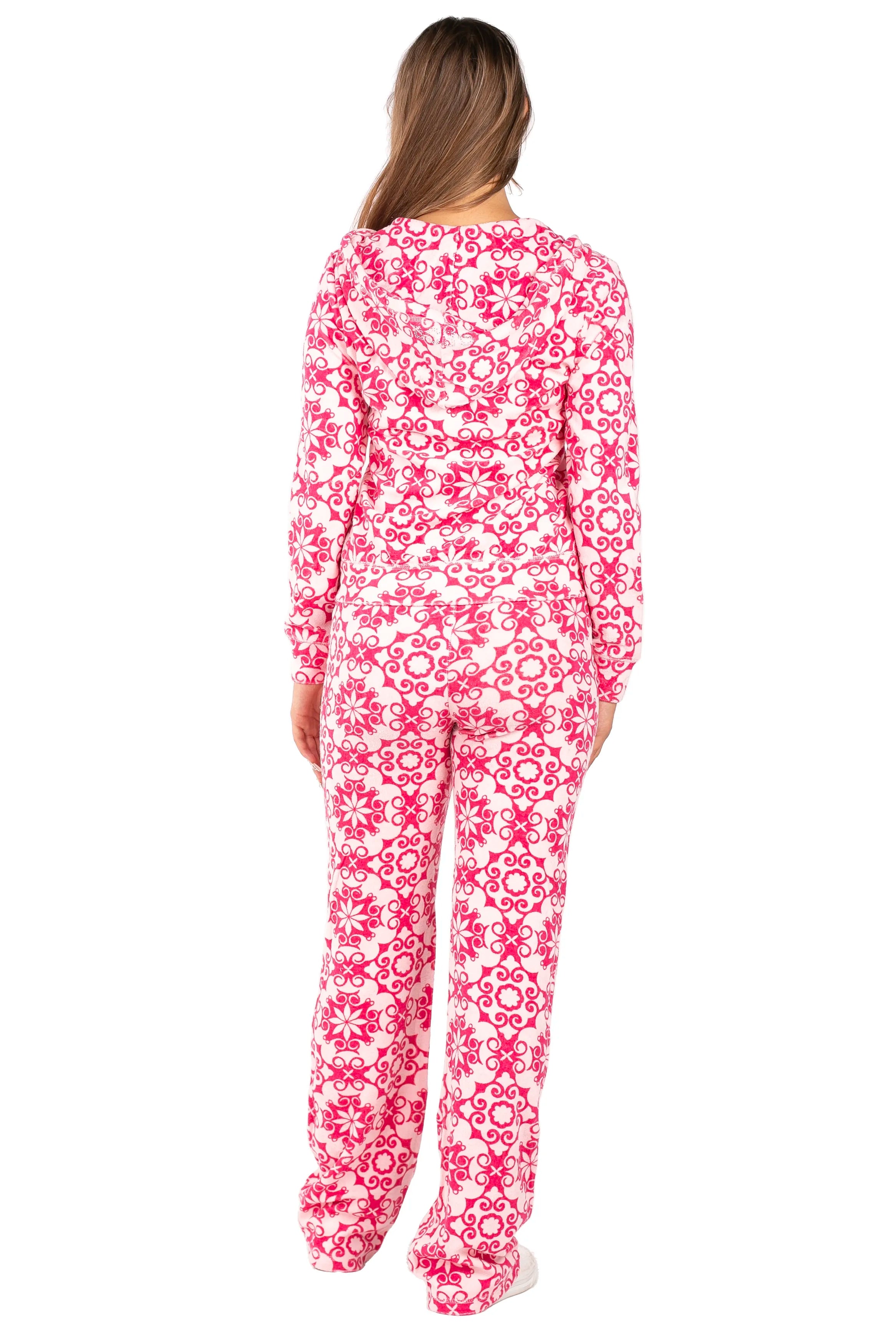 BCBG Women's Damask Pattern Fleece Tracksuit Set - Velvet Zip-Up Hoodie & Wide Leg Pants Lounge Set