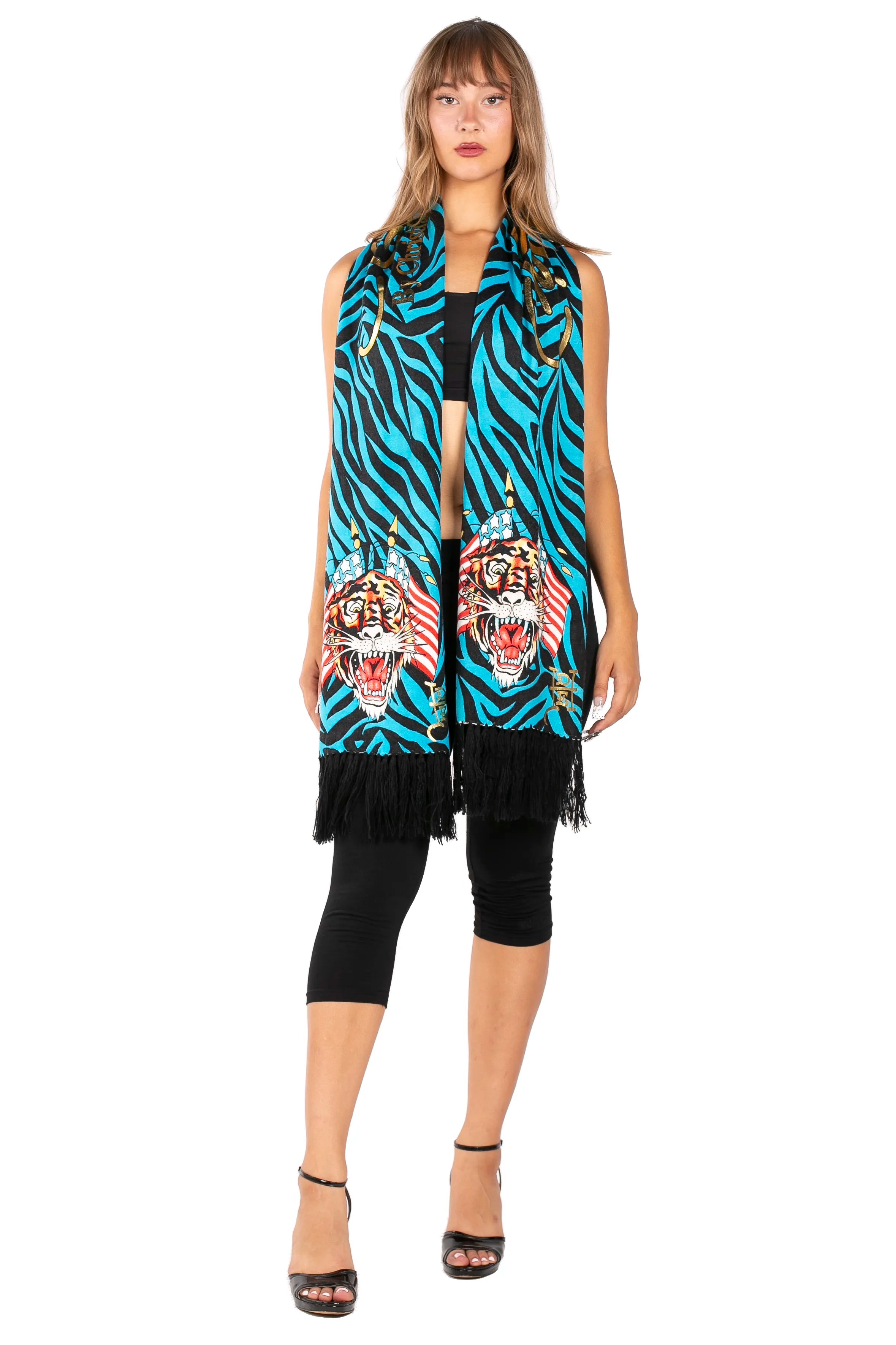 Ed Hardy By Christian Audigier Tiger Tattoo Print Scarf - Y2K Vintage Style Zebra Striped Knit Muffler