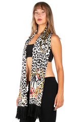 Ed Hardy By Christian Audigier Black Panther & Roses Scarf - Y2K Vintage Leopard Print Knit Muffler