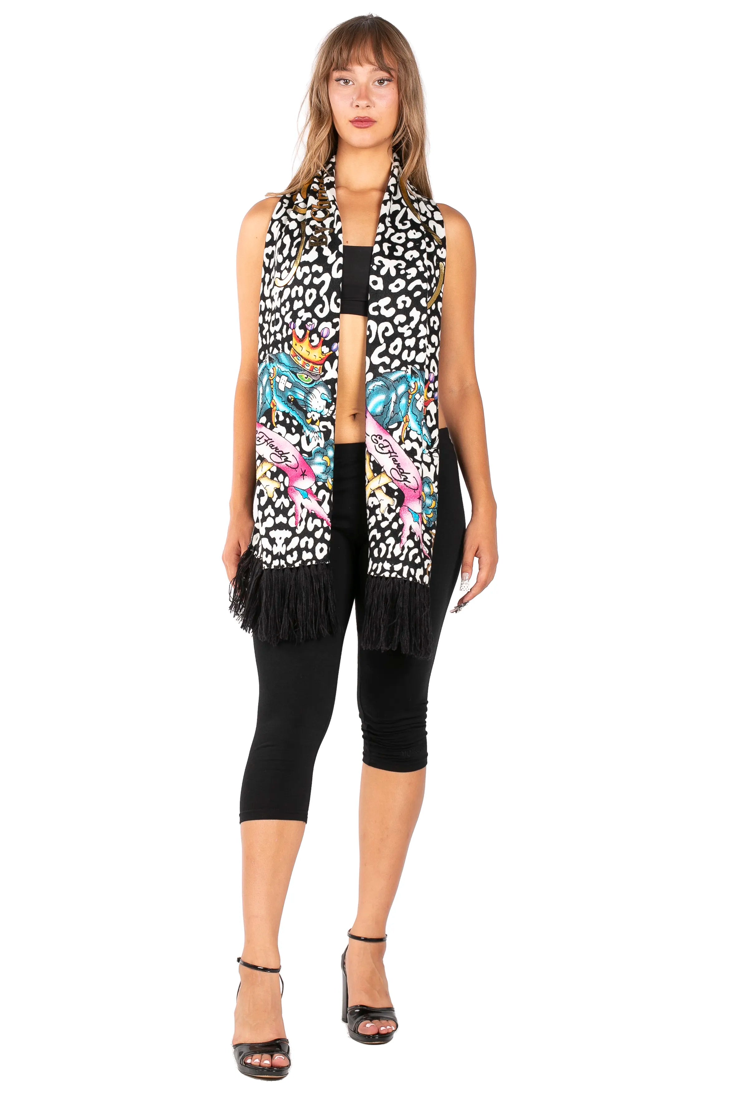 Ed Hardy By Christian Audigier Crowned Panther Scarf - Y2K Vintage Leopard Print Knit Muffler