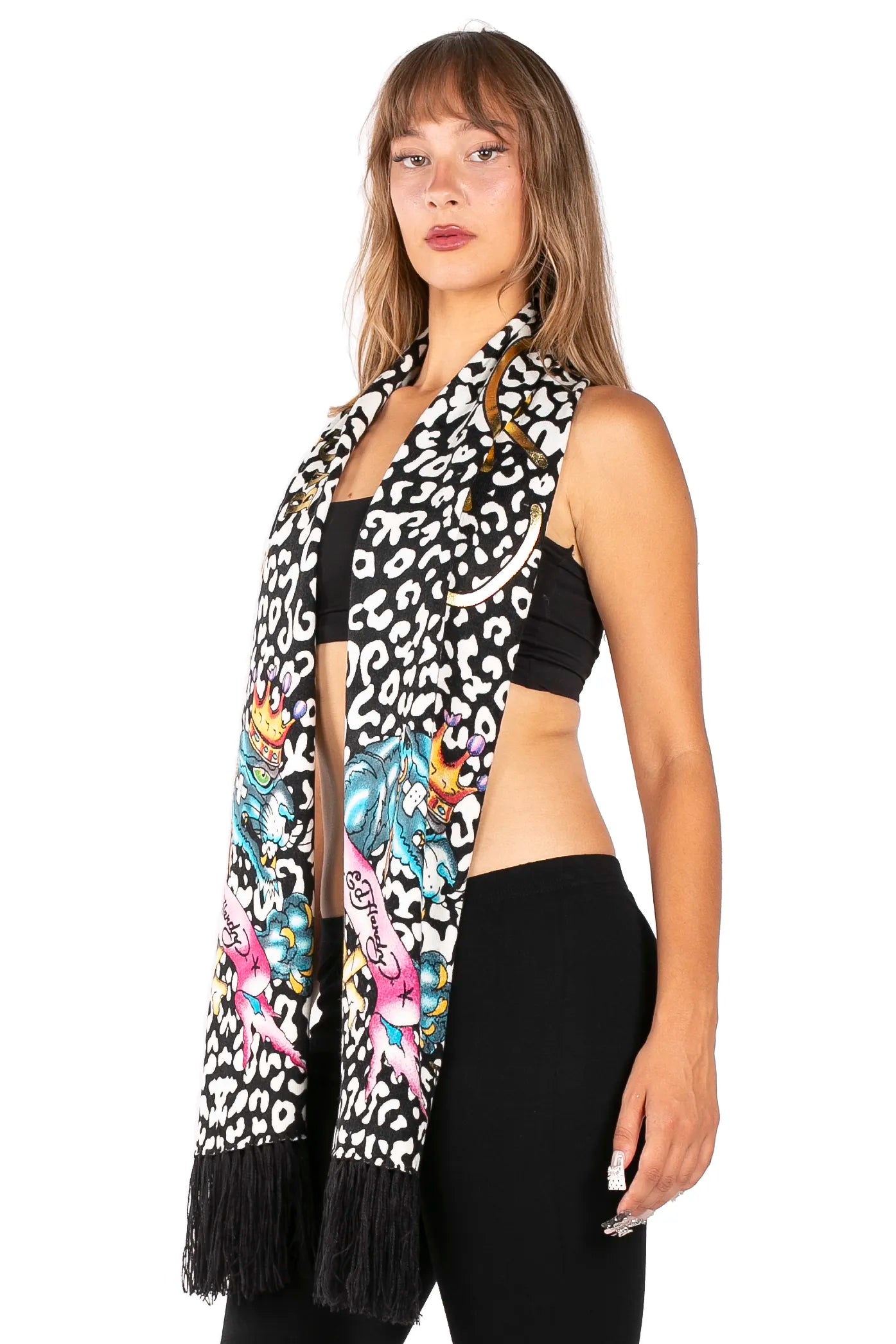 Ed Hardy By Christian Audigier Crowned Panther Scarf - Y2K Vintage Leopard Print Knit Muffler