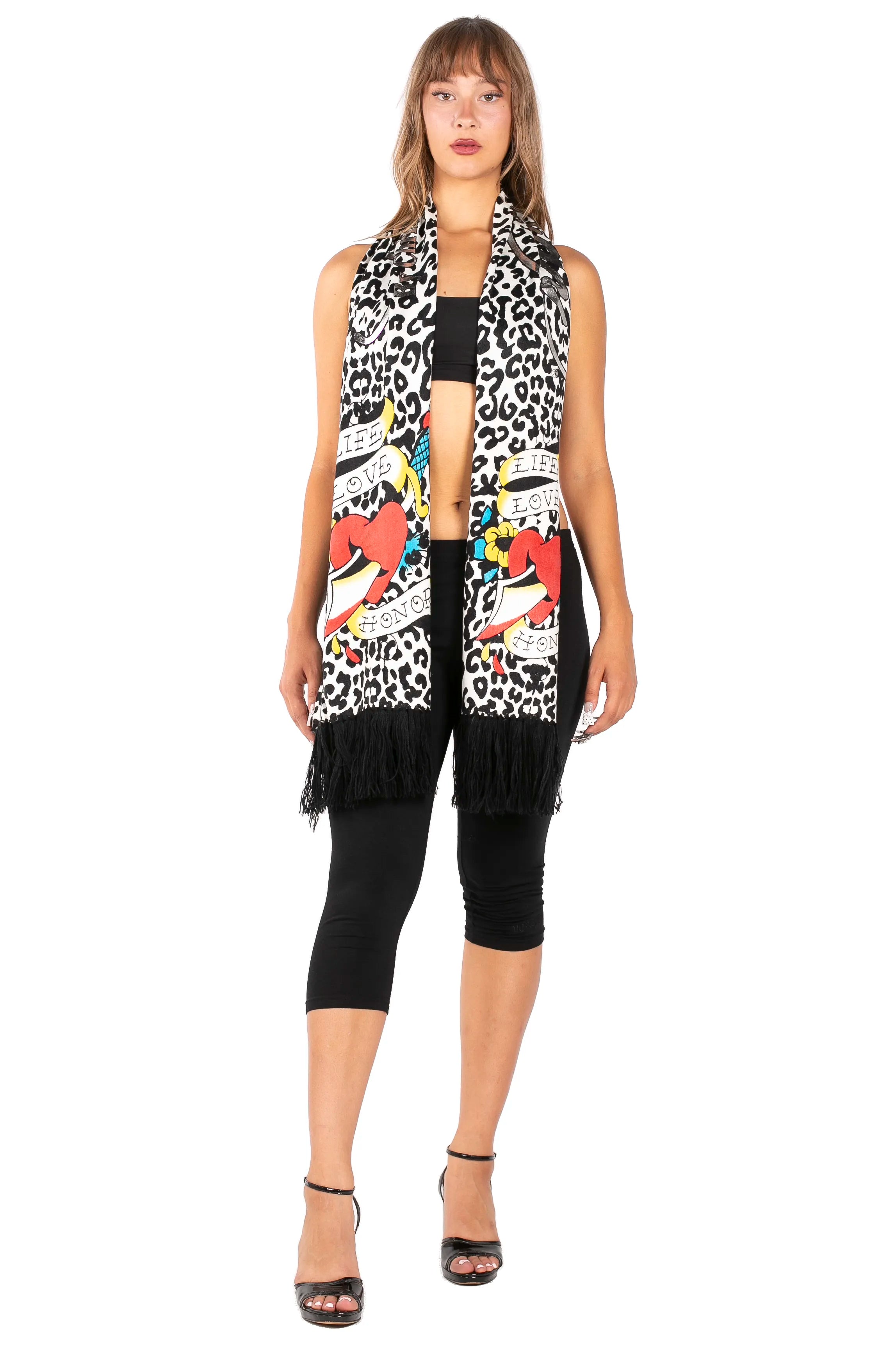 Ed Hardy By Christian Audigier Heart Tattoo Scarf - Y2K Vintage Blue Leopard Print Knit Muffler