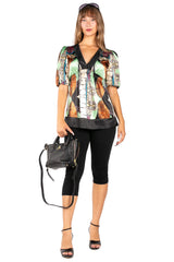 Printed Satin V-neck Blouse