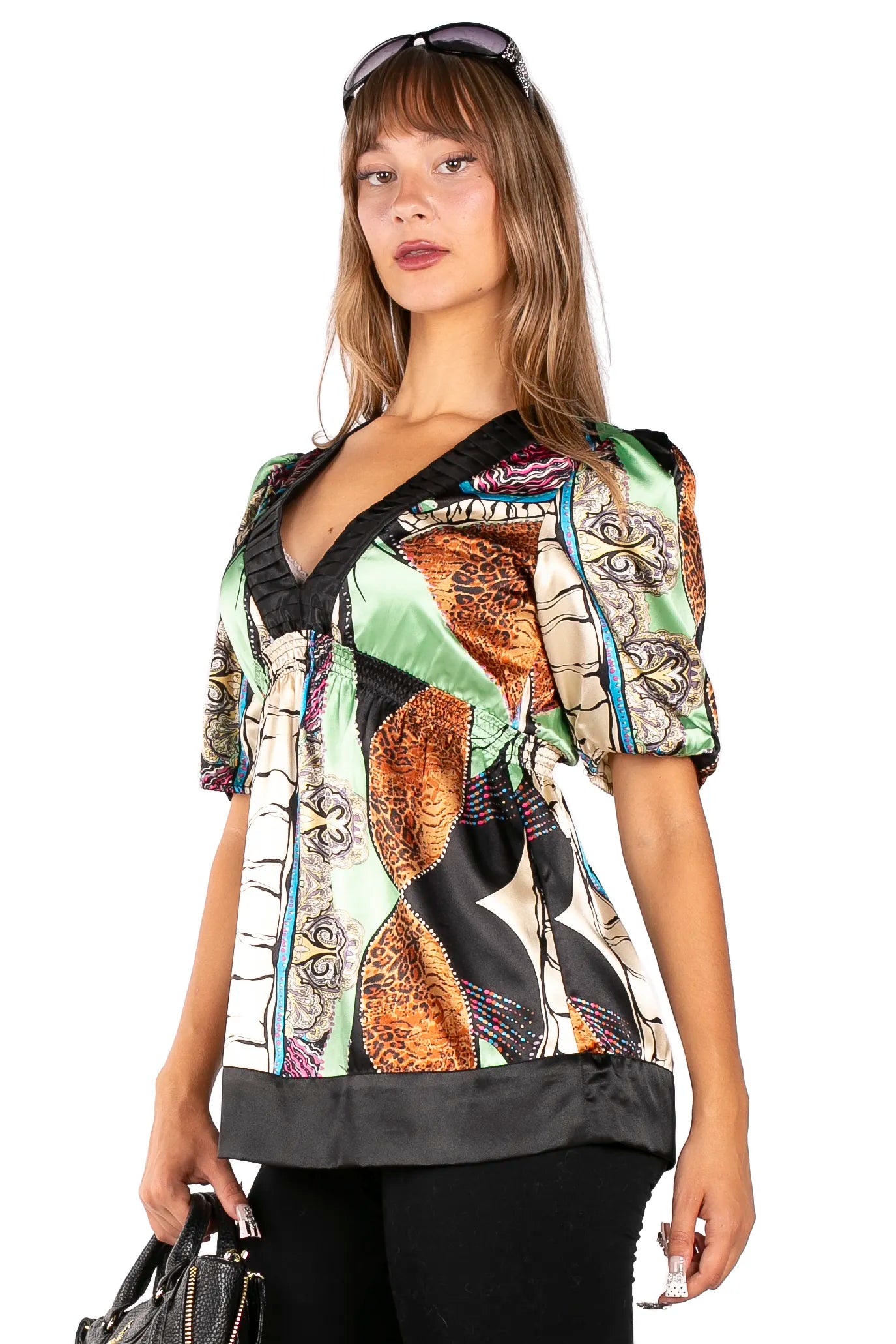 Printed Satin V-neck Blouse