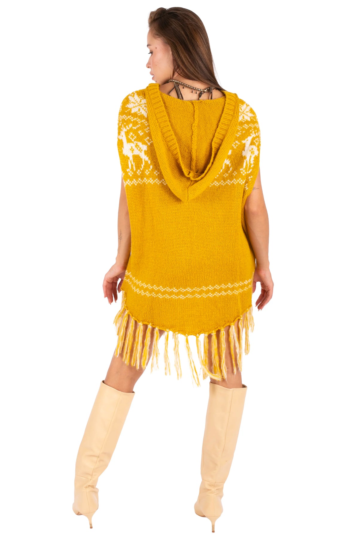 Reindeer Hooded Fringe Poncho